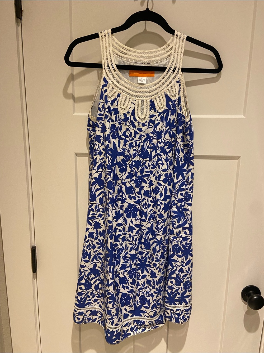 Cynthia Steffe Women’s Blue and White Floral Dress with Crochet Yoke
